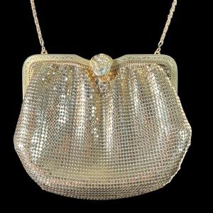 Vintage Gold Mesh Evening Bag w/ Chain Strap & Rhinestone Closure